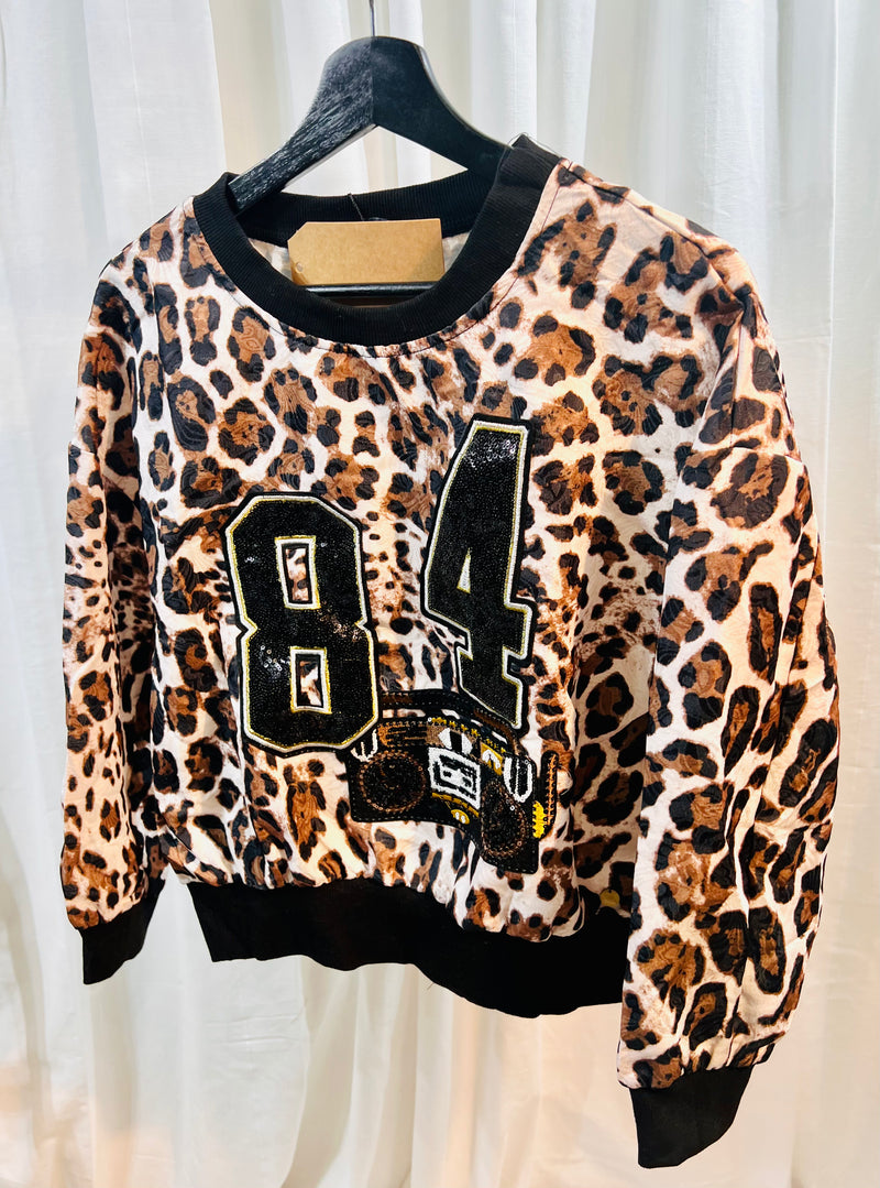 Mitzy Mocha Animal Print Embellished 84' Round Neck Silky Long Sleeve Top