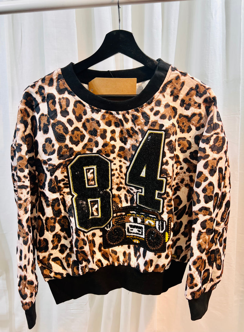 Mitzy Mocha Animal Print Embellished 84' Round Neck Silky Long Sleeve Top