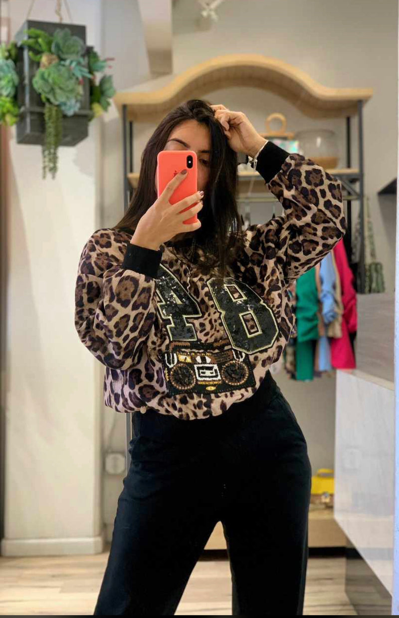 Mitzy Mocha Animal Print Embellished 84' Round Neck Silky Long Sleeve Top