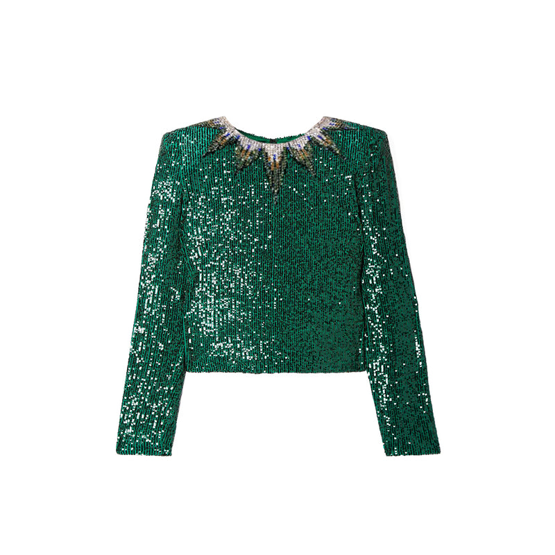 Crystal Embellished Sequin Stretch-Tulle Top