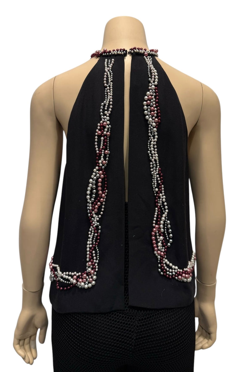 RARE Chanel 02C 2002 Cruise open back sleeveless Top Blouse Embellished with yards of pearls in various colors FR 40 US 4/6