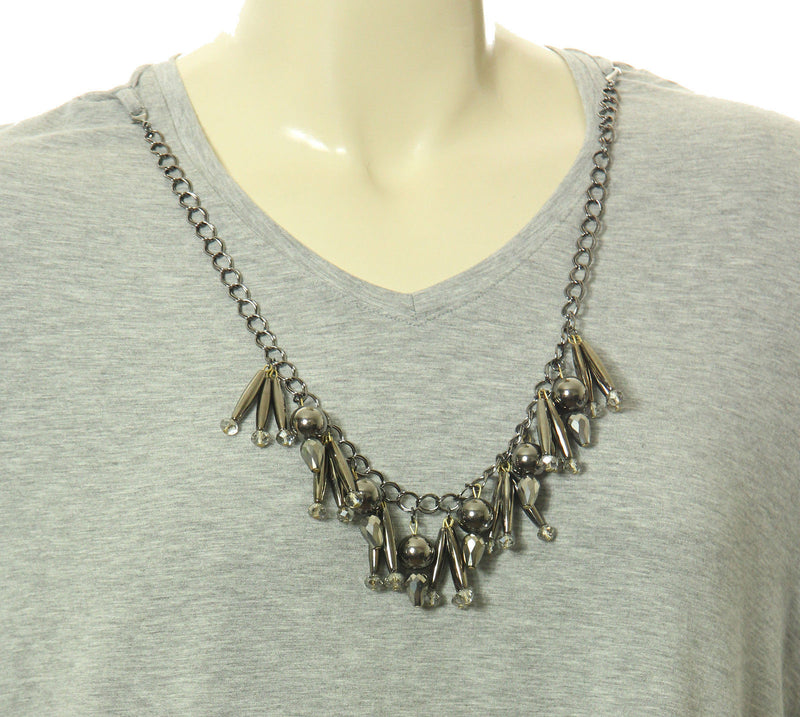 Sejour Gray Short Sleeve Necklace Embellished Knit Top Shirt