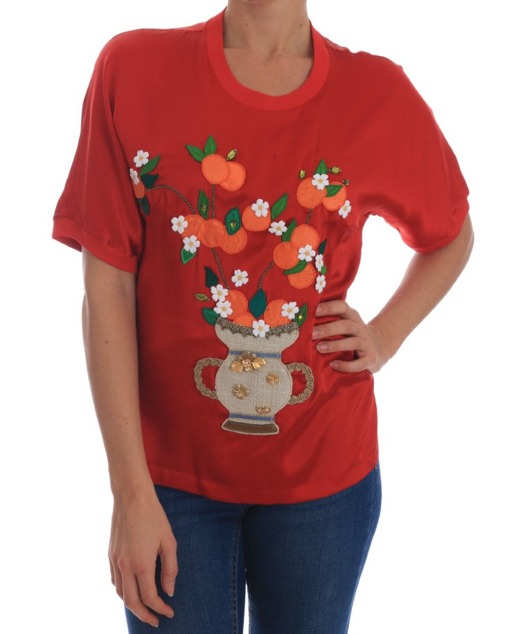 Dolce & Gabbana Elegant Red Silk Crystal-Embellished Women's Blouse
