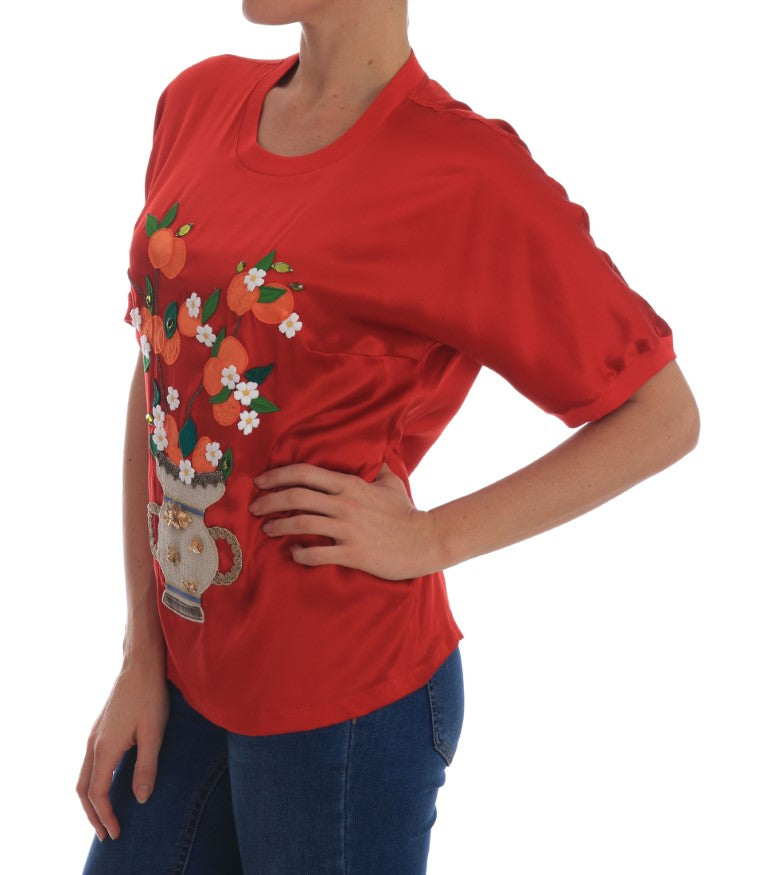 Dolce & Gabbana Elegant Red Silk Crystal-Embellished Women's Blouse