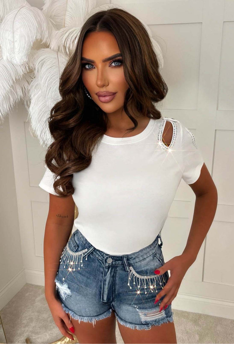 Love And Light White Cut Out Embellished T-Shirt