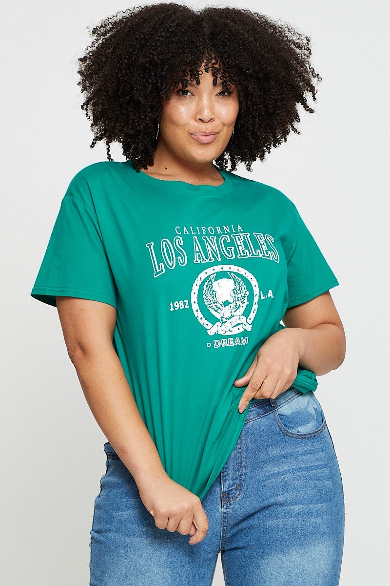 Green Graphic T-shirt Los Angeles Short Sleeve Cotton