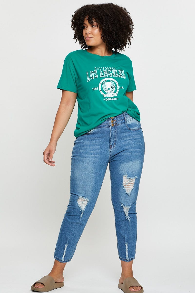 Green Graphic T-shirt Los Angeles Short Sleeve Cotton