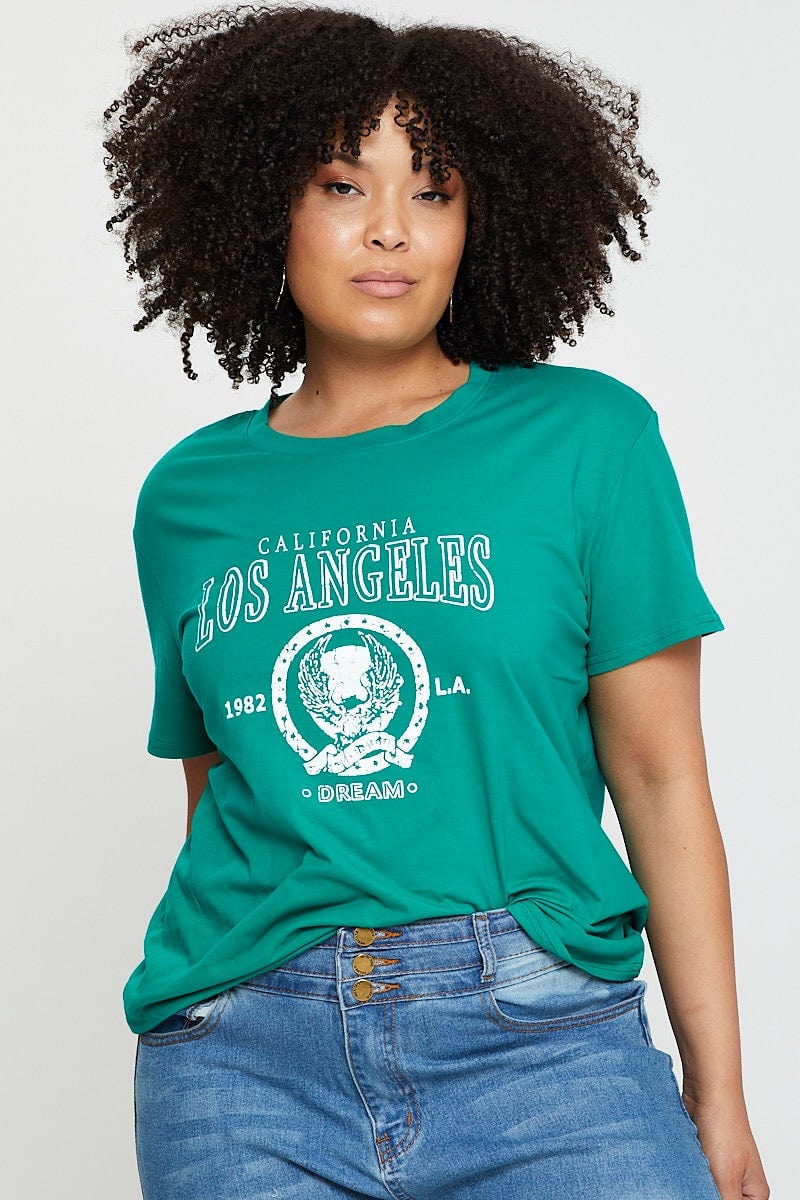 Green Graphic T-shirt Los Angeles Short Sleeve Cotton