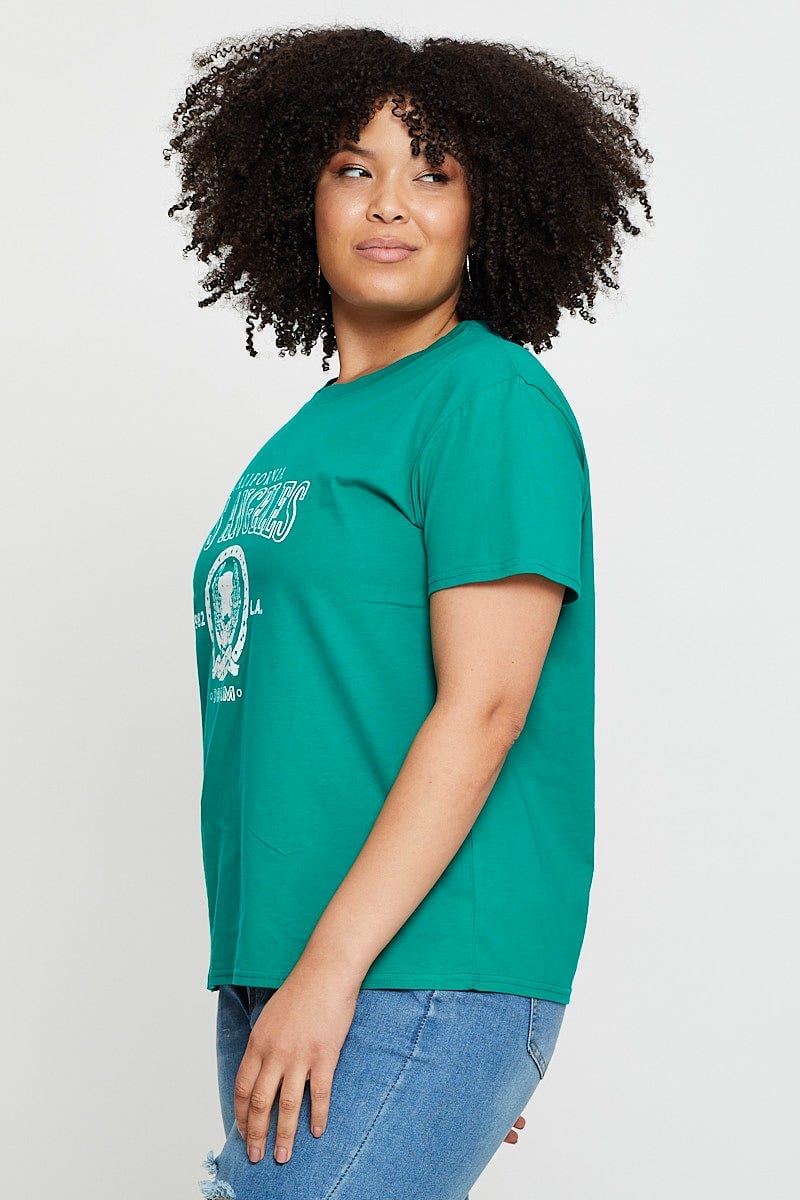 Green Graphic T-shirt Los Angeles Short Sleeve Cotton