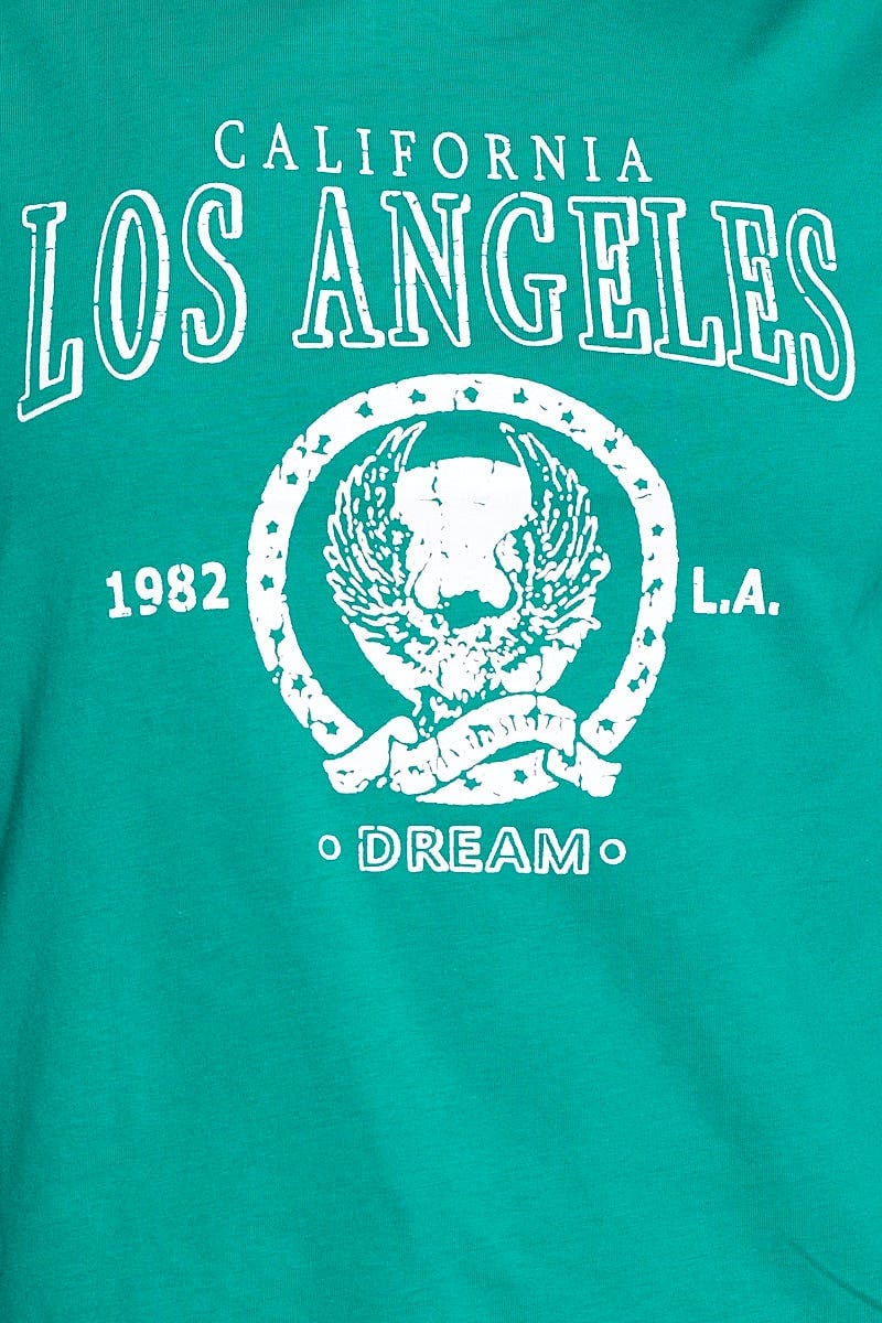 Green Graphic T-shirt Los Angeles Short Sleeve Cotton