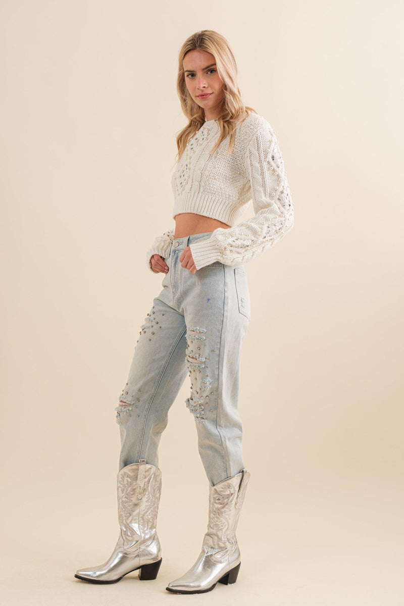 crop cable knit pearl embellished sweater