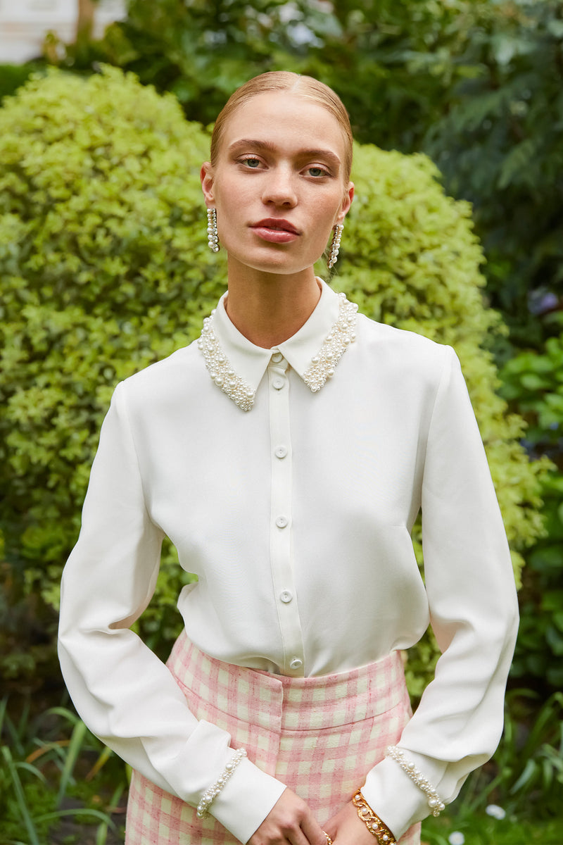 Mayfair Silk Crepe Embellished Shirt Ivory