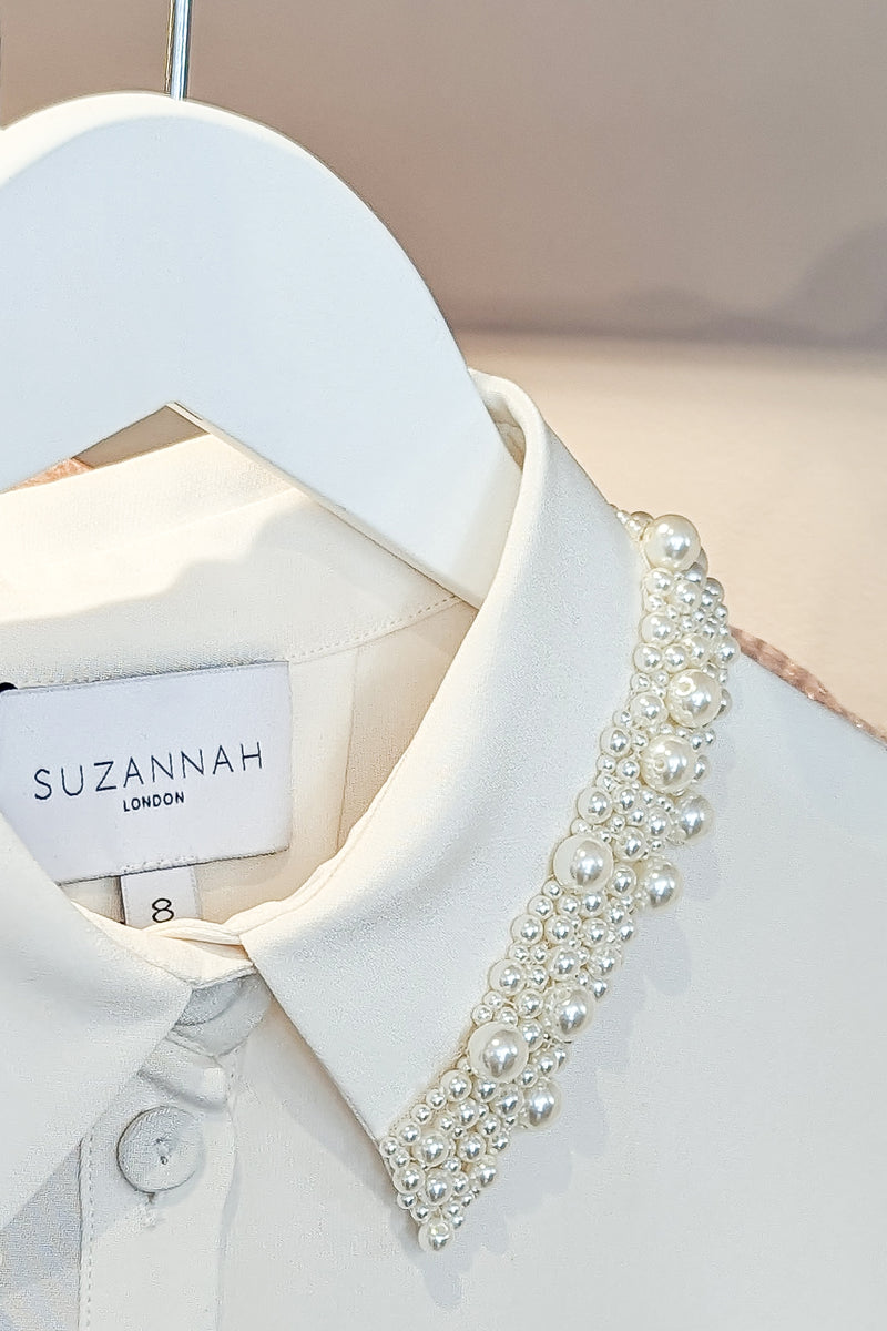 Mayfair Silk Crepe Embellished Shirt Ivory