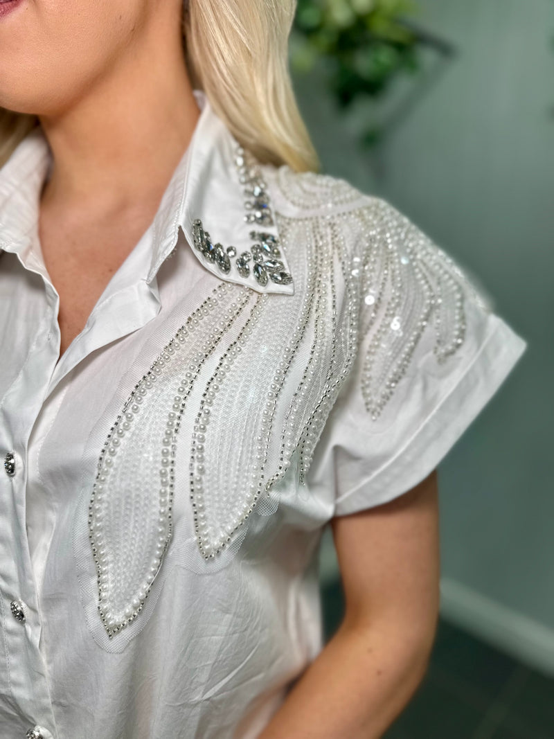 White Embellished Short Sleeve Shirt