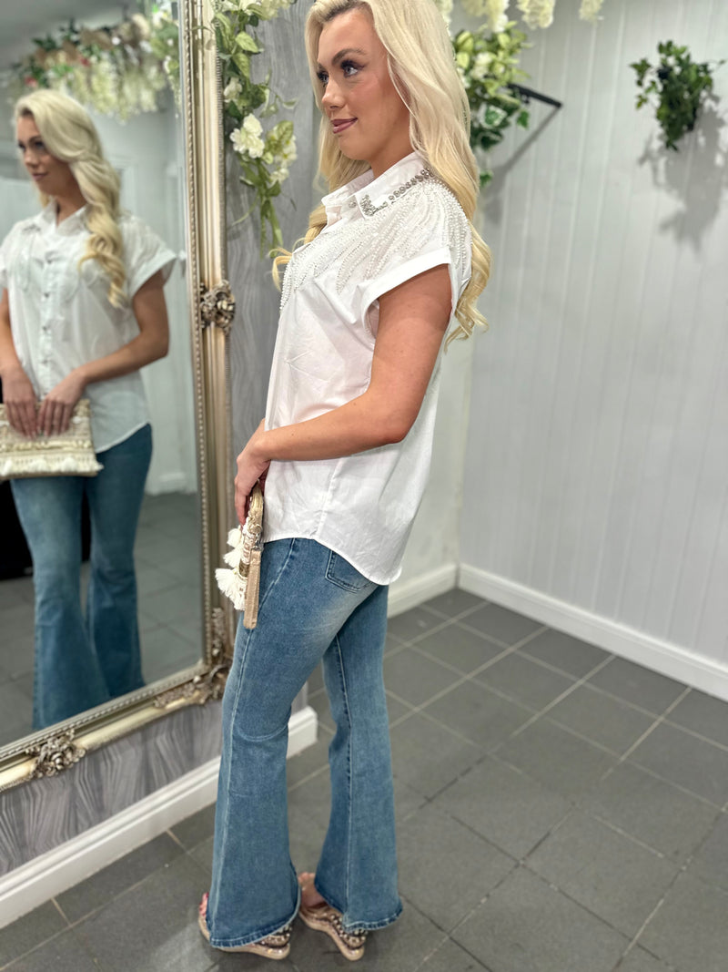 White Embellished Short Sleeve Shirt