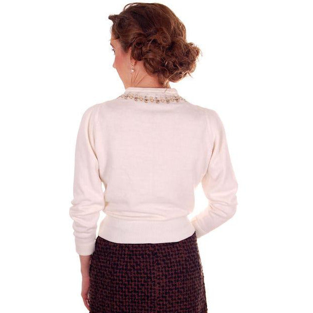 Vintage Ladies Ivory Sweater Embellished w Beads & Rhinestones 1950s M