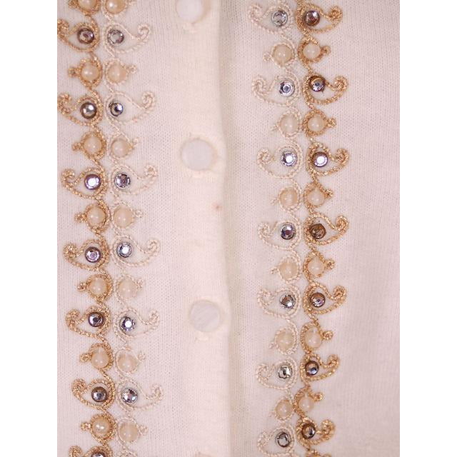 Vintage Ladies Ivory Sweater Embellished w Beads & Rhinestones 1950s M