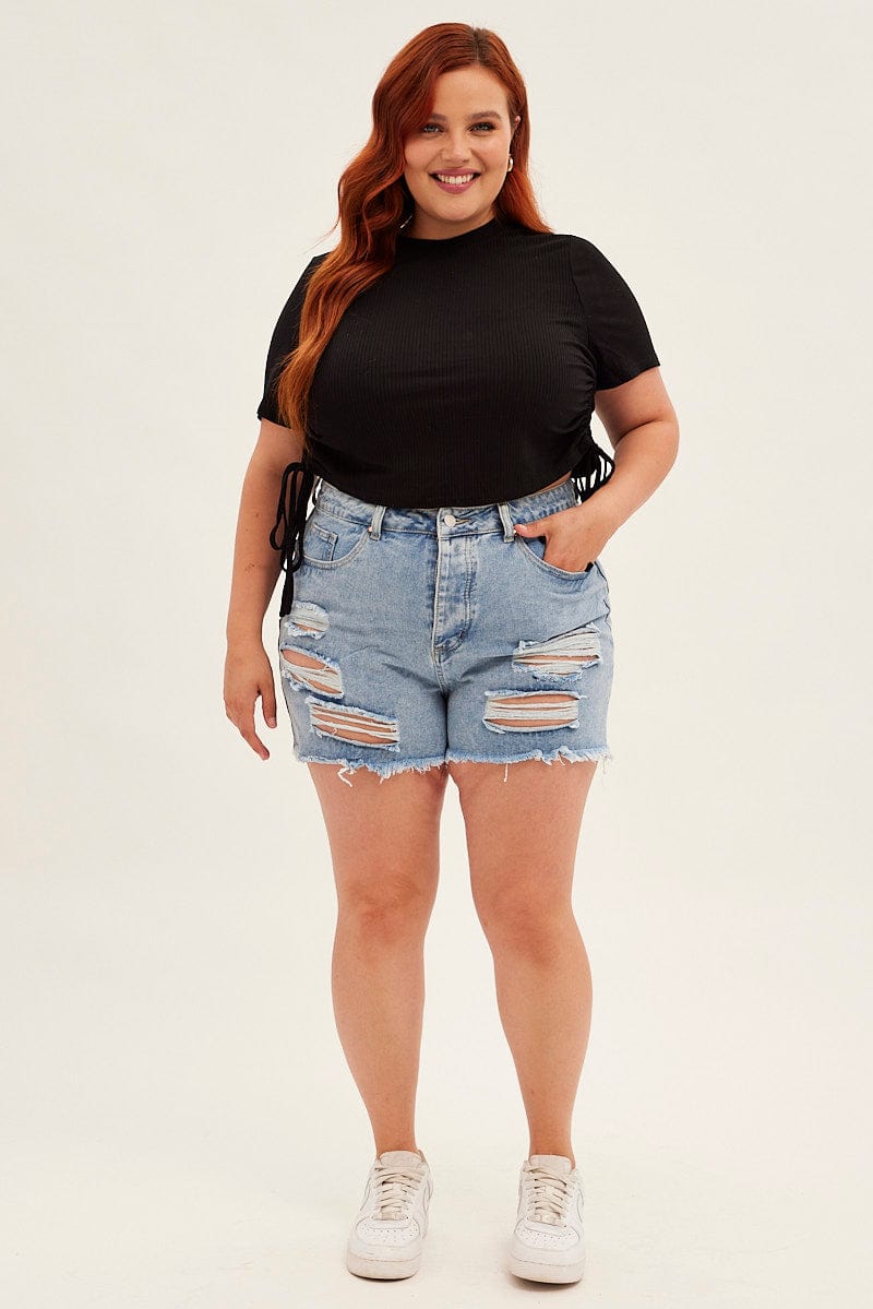 Black Drawstring Top Short Sleeve Rib Jersey
