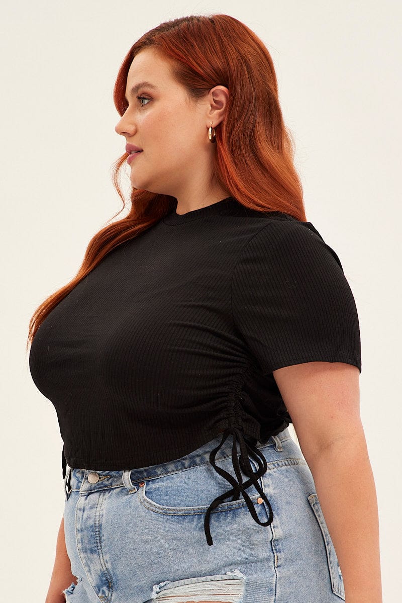 Black Drawstring Top Short Sleeve Rib Jersey