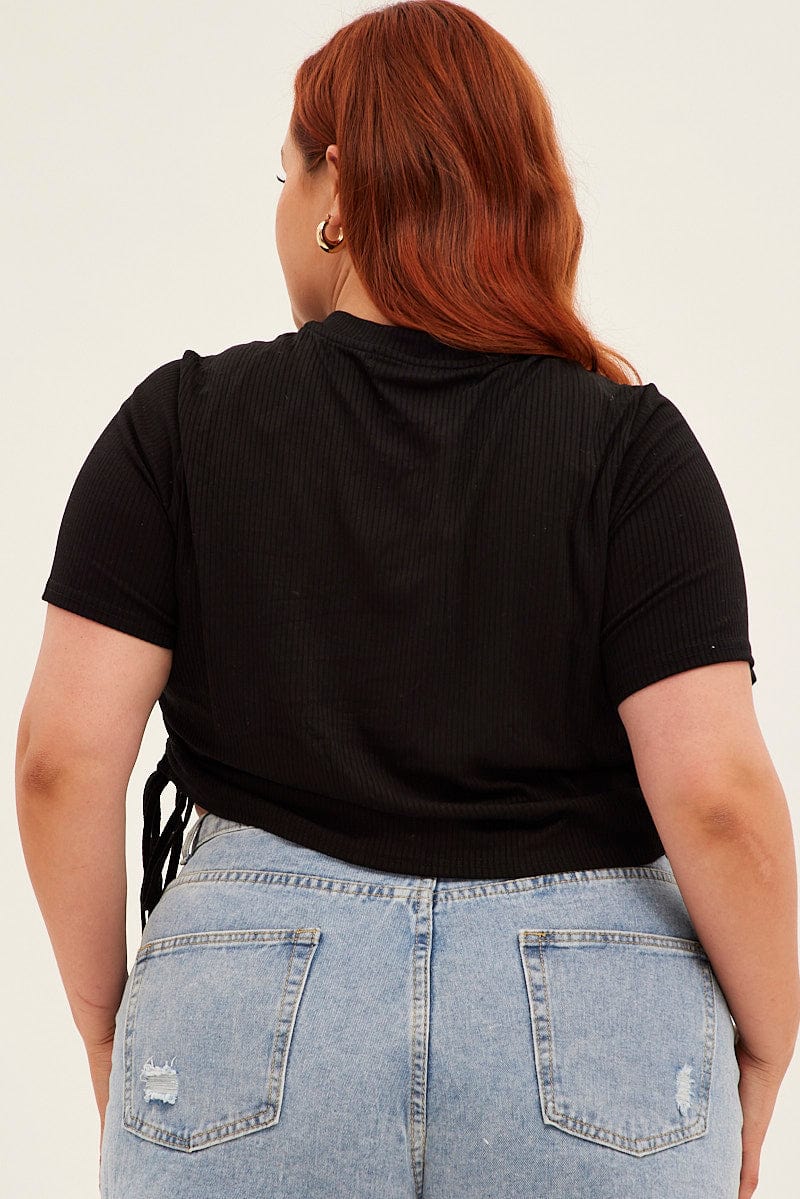 Black Drawstring Top Short Sleeve Rib Jersey