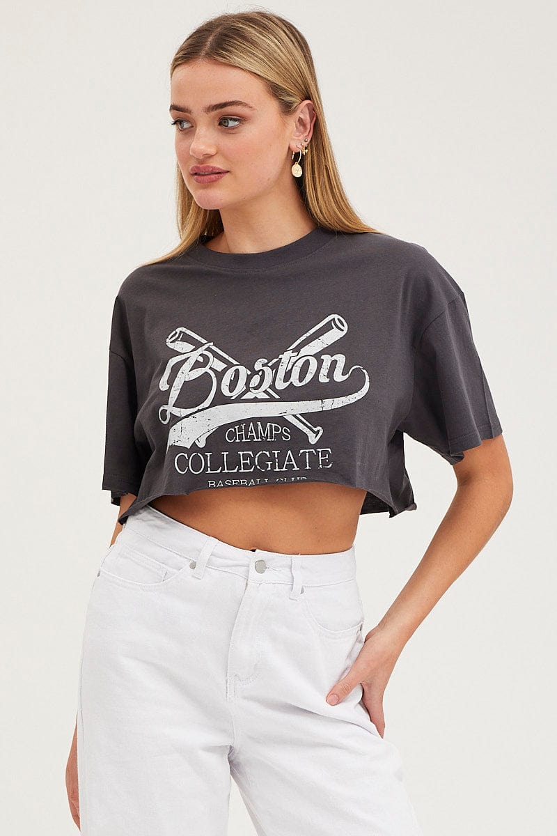 Black Graphic T Shirt Short Sleeve Crop Crew Neck