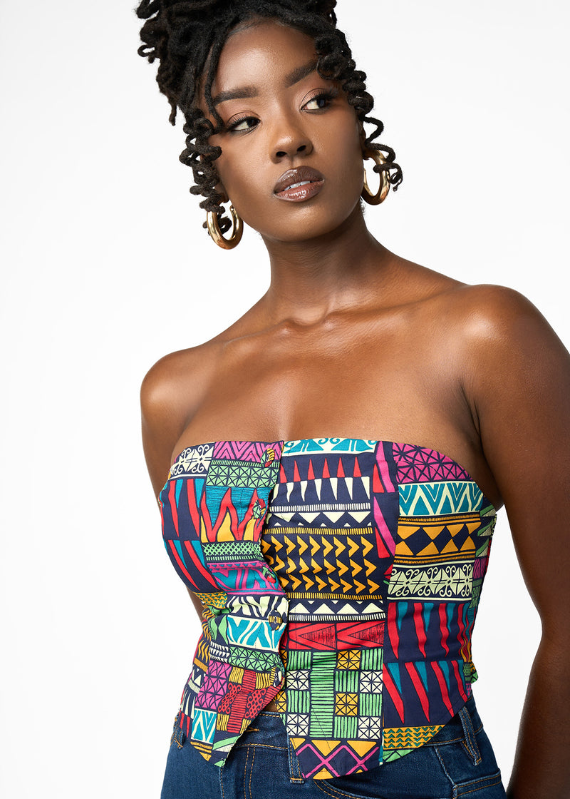 Tanina Women's African Print Button-Up Bandeau Top (Green Navy Kente)