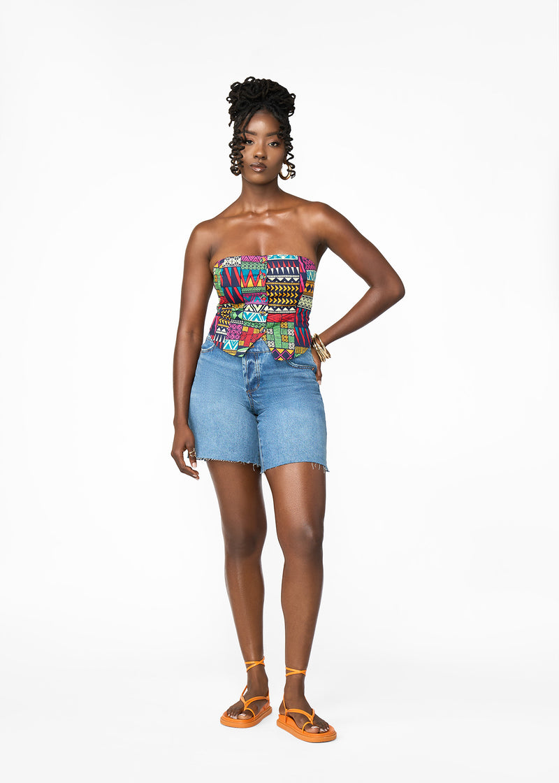 Tanina Women's African Print Button-Up Bandeau Top (Green Navy Kente)