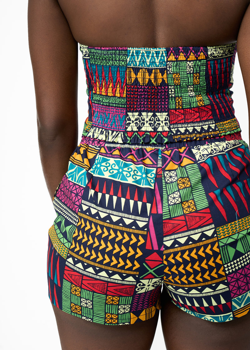Tanina Women's African Print Button-Up Bandeau Top (Green Navy Kente)