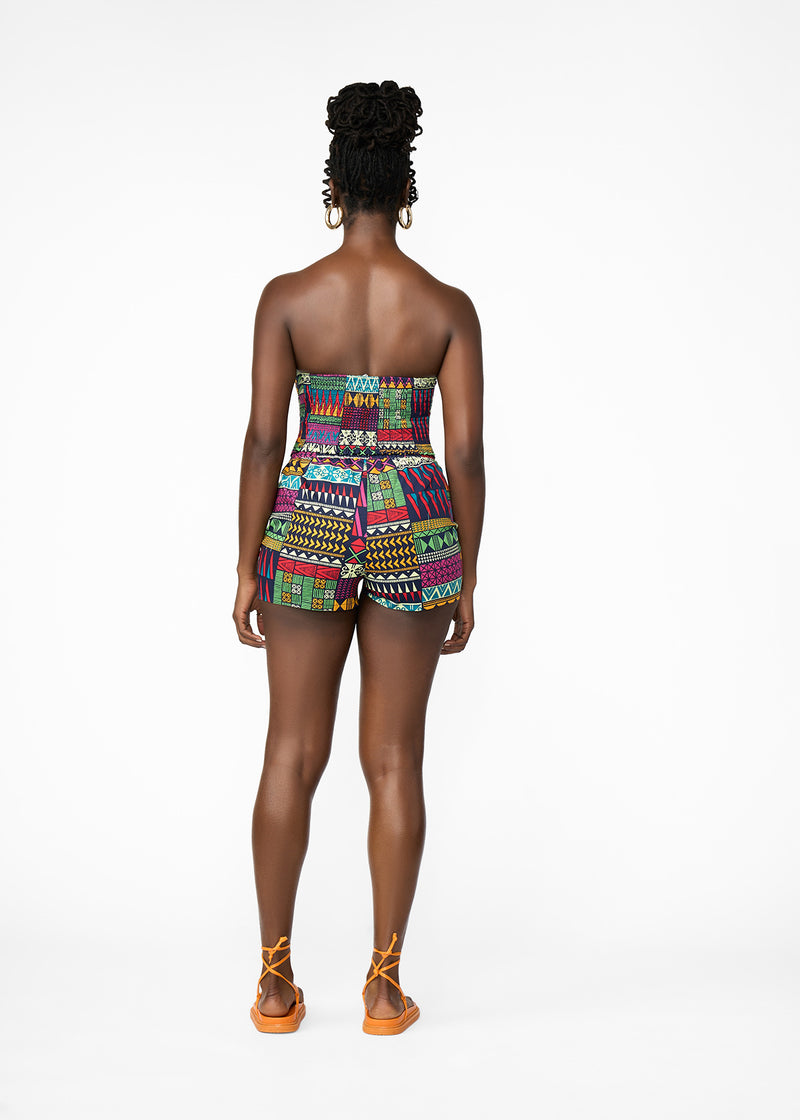 Tanina Women's African Print Button-Up Bandeau Top (Green Navy Kente)