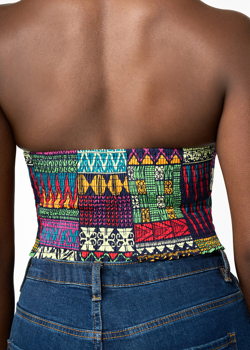Tanina Women's African Print Button-Up Bandeau Top (Green Navy Kente)