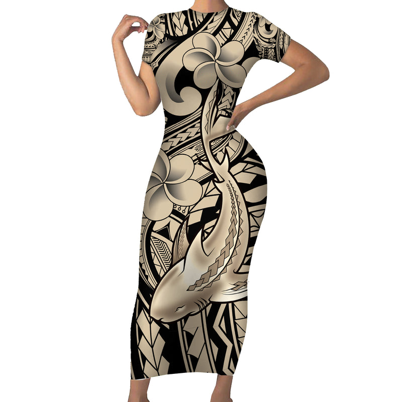 Polynesian Shark Tribal Tattoo Short Sleeve Bodycon Dress Beige Style LT9