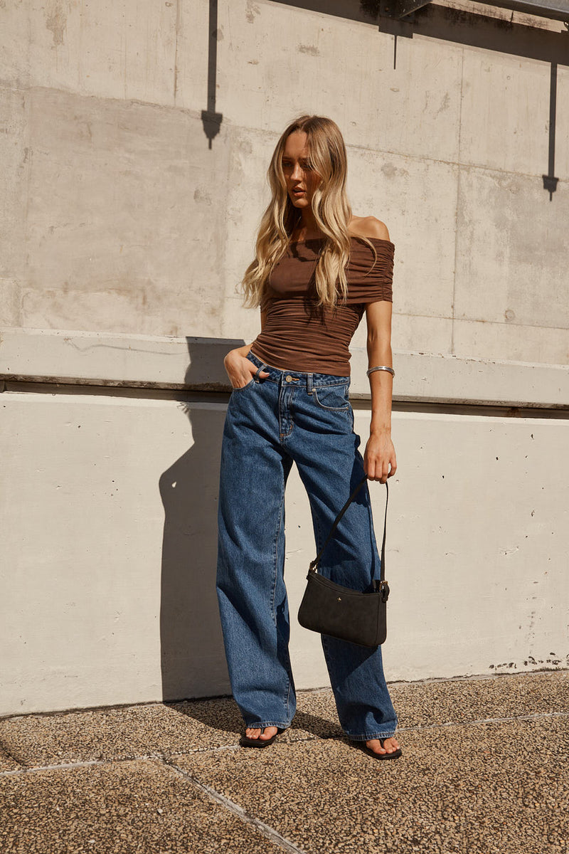 Luck & Trouble Elyse Off Shoulder Sleeveless Top Taupe