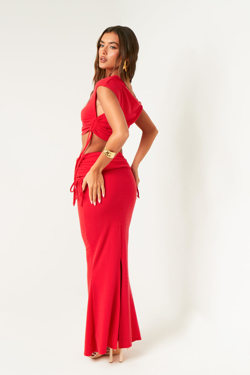 Darcy Red Off The Shoulder Ruched Crop Top