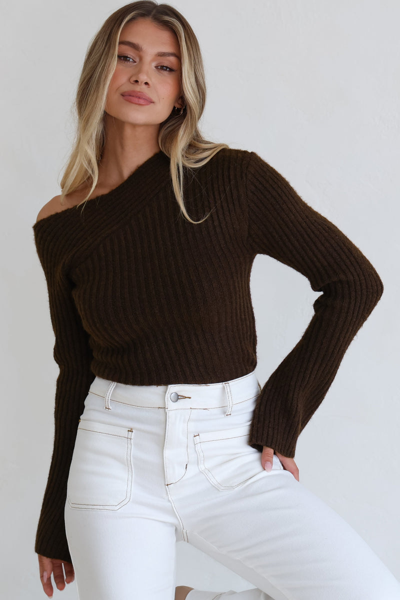 River Knit Top - Off Shoulder Flute Sleeve Ribbed Knit Top in Chocolate