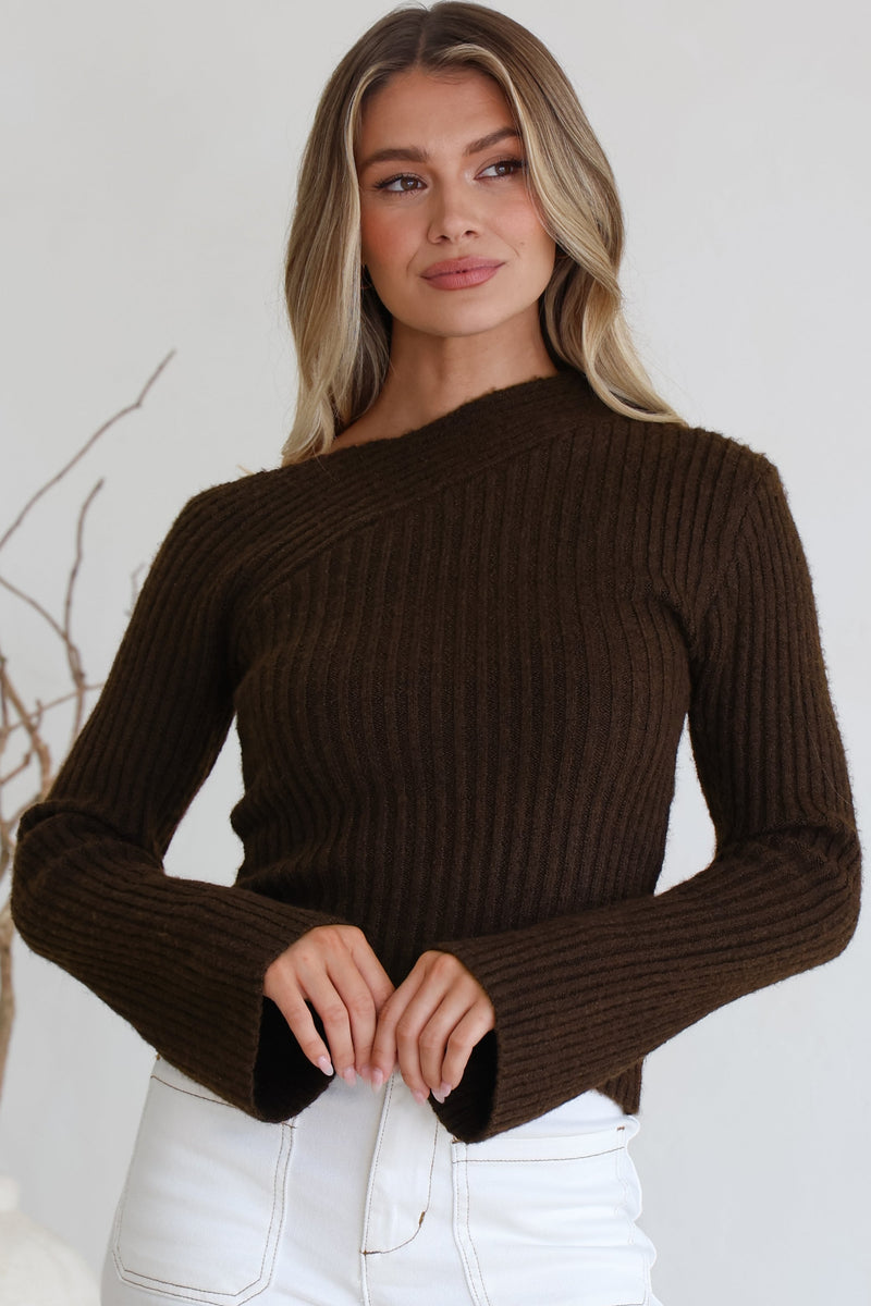 River Knit Top - Off Shoulder Flute Sleeve Ribbed Knit Top in Chocolate