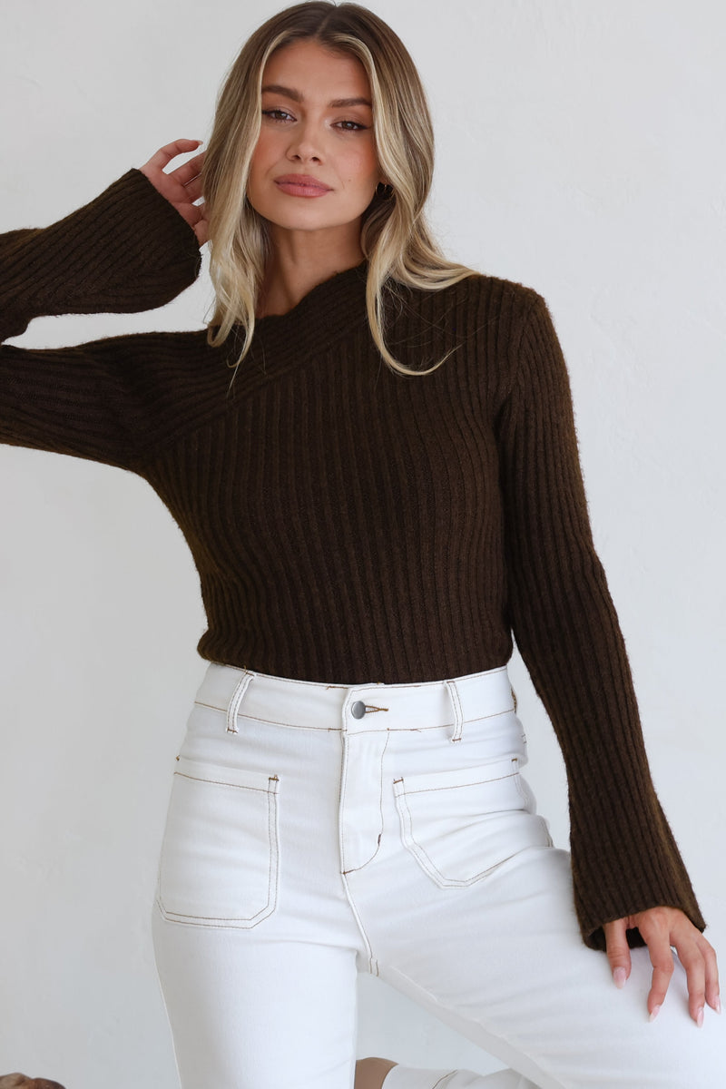 River Knit Top - Off Shoulder Flute Sleeve Ribbed Knit Top in Chocolate