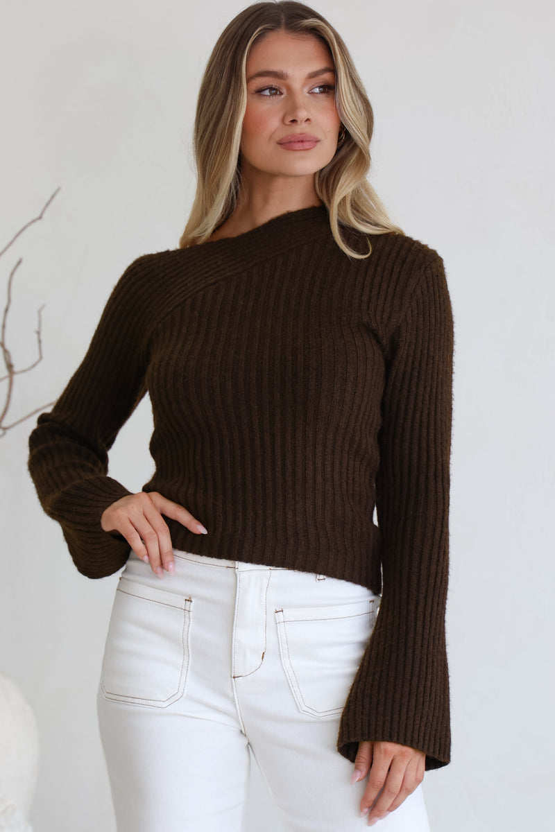 River Knit Top - Off Shoulder Flute Sleeve Ribbed Knit Top in Chocolate