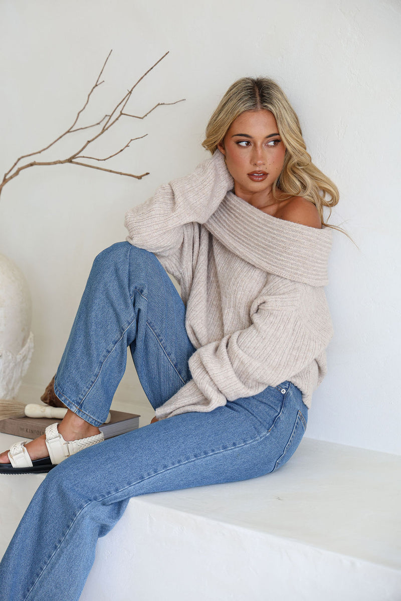 EMELIE  OFF SHOULDER KNIT TOP- BEIGE