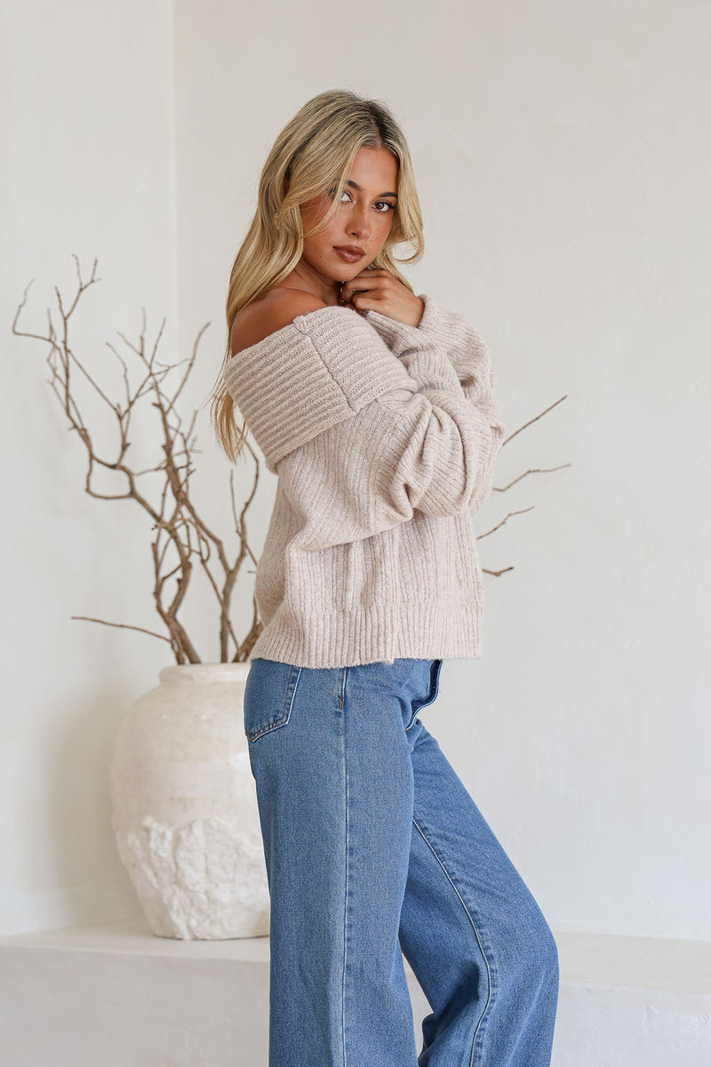 EMELIE  OFF SHOULDER KNIT TOP- BEIGE