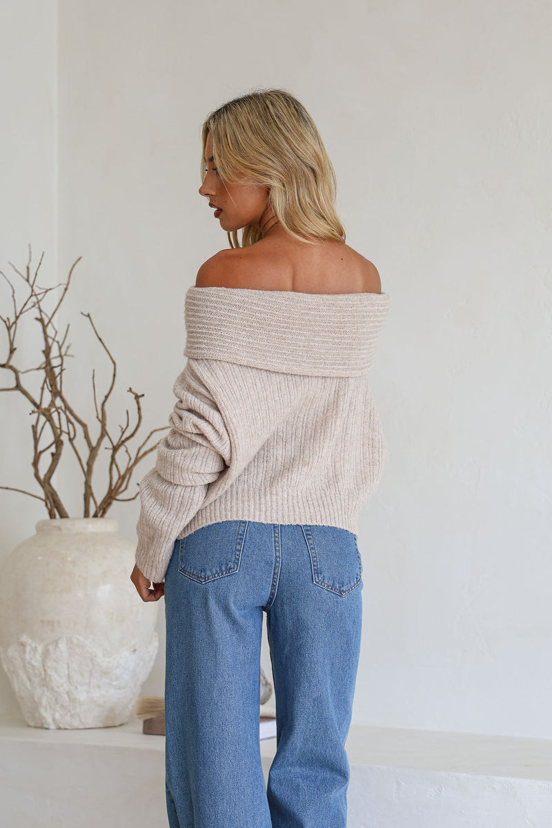 EMELIE  OFF SHOULDER KNIT TOP- BEIGE