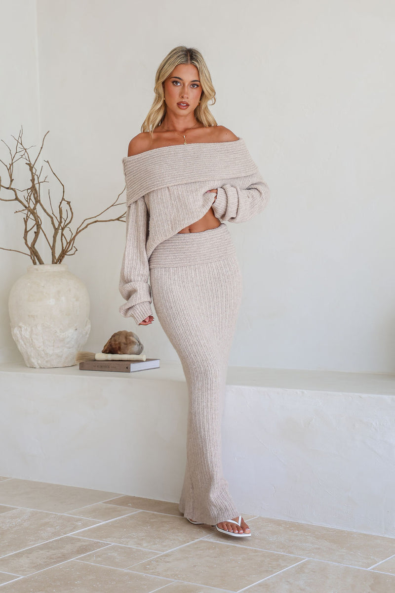 EMELIE  OFF SHOULDER KNIT TOP- BEIGE