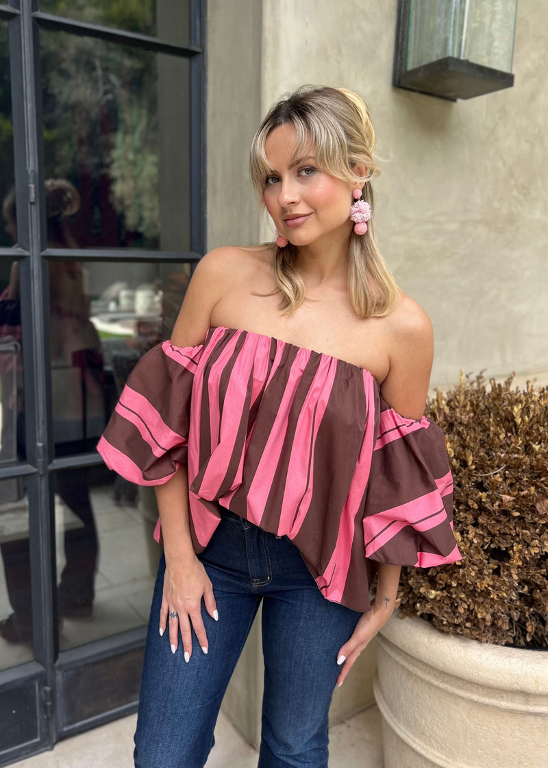 Ramona Off the Shoulder Puff Sleeve Top - Pink and Brown