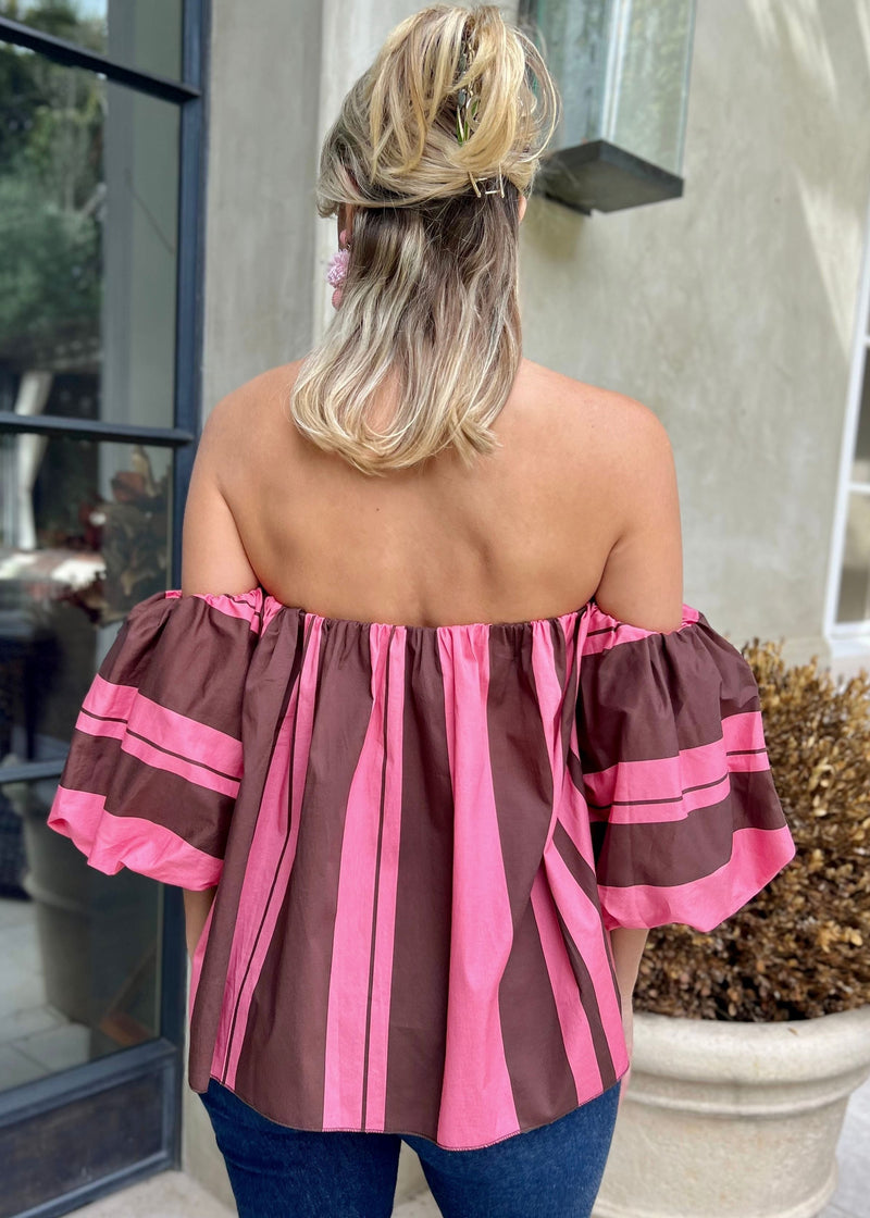 Ramona Off the Shoulder Puff Sleeve Top - Pink and Brown