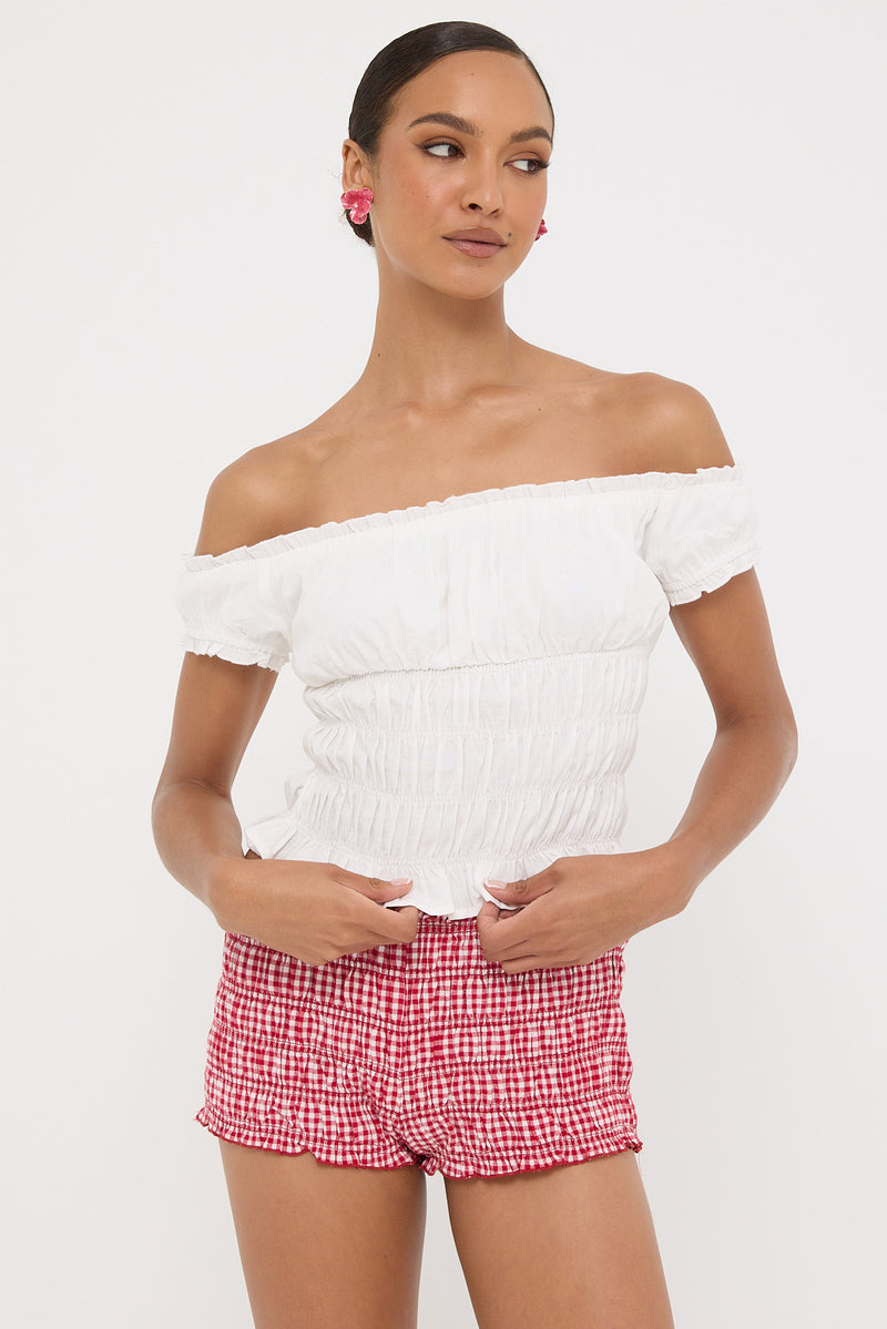 Luck & Trouble Verona Off Shoulder Ruched Top White