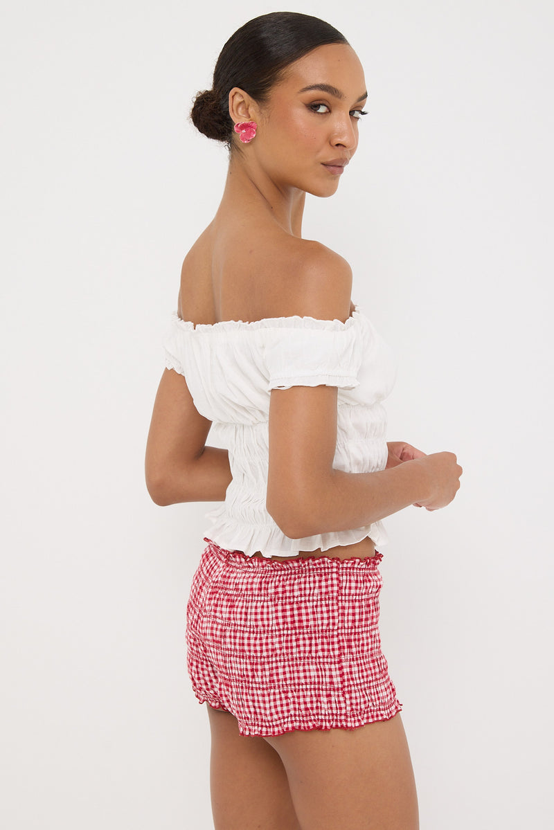 Luck & Trouble Verona Off Shoulder Ruched Top White