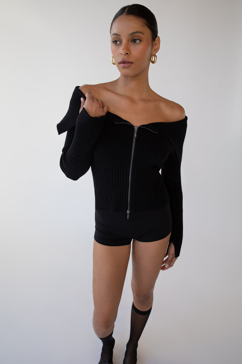 TWO-WAY ZIP FRONT OFF SHOULDER SWEATER