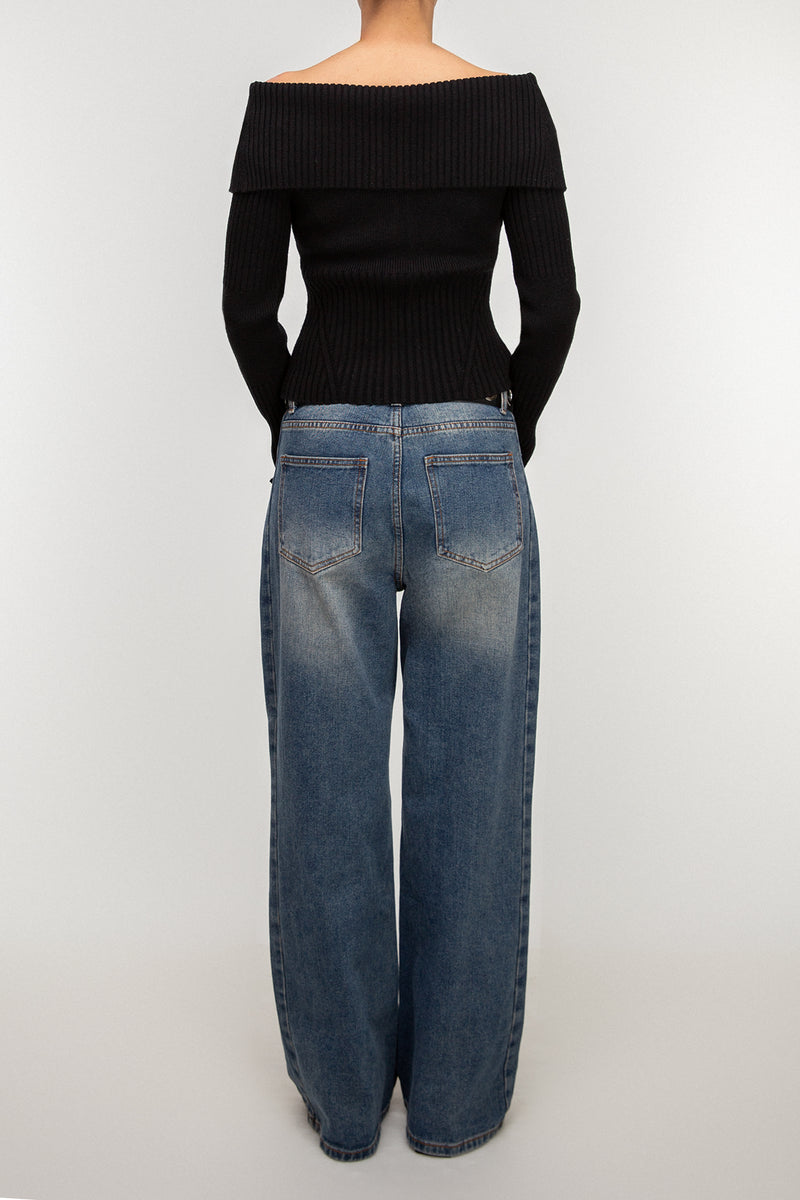 TWO-WAY ZIP FRONT OFF SHOULDER SWEATER