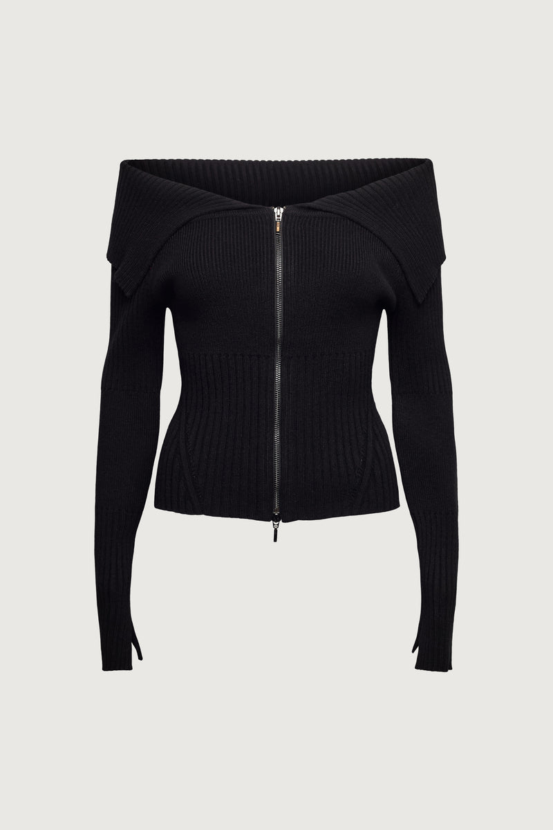 TWO-WAY ZIP FRONT OFF SHOULDER SWEATER