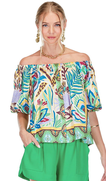 Button Front Off Shoulder Top • Forest Border