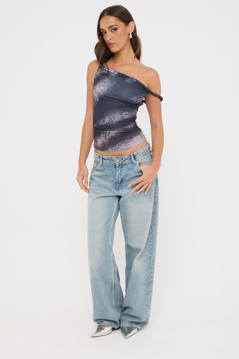 Luck & Trouble Sabina Twist Off Shoulder Top Black Print